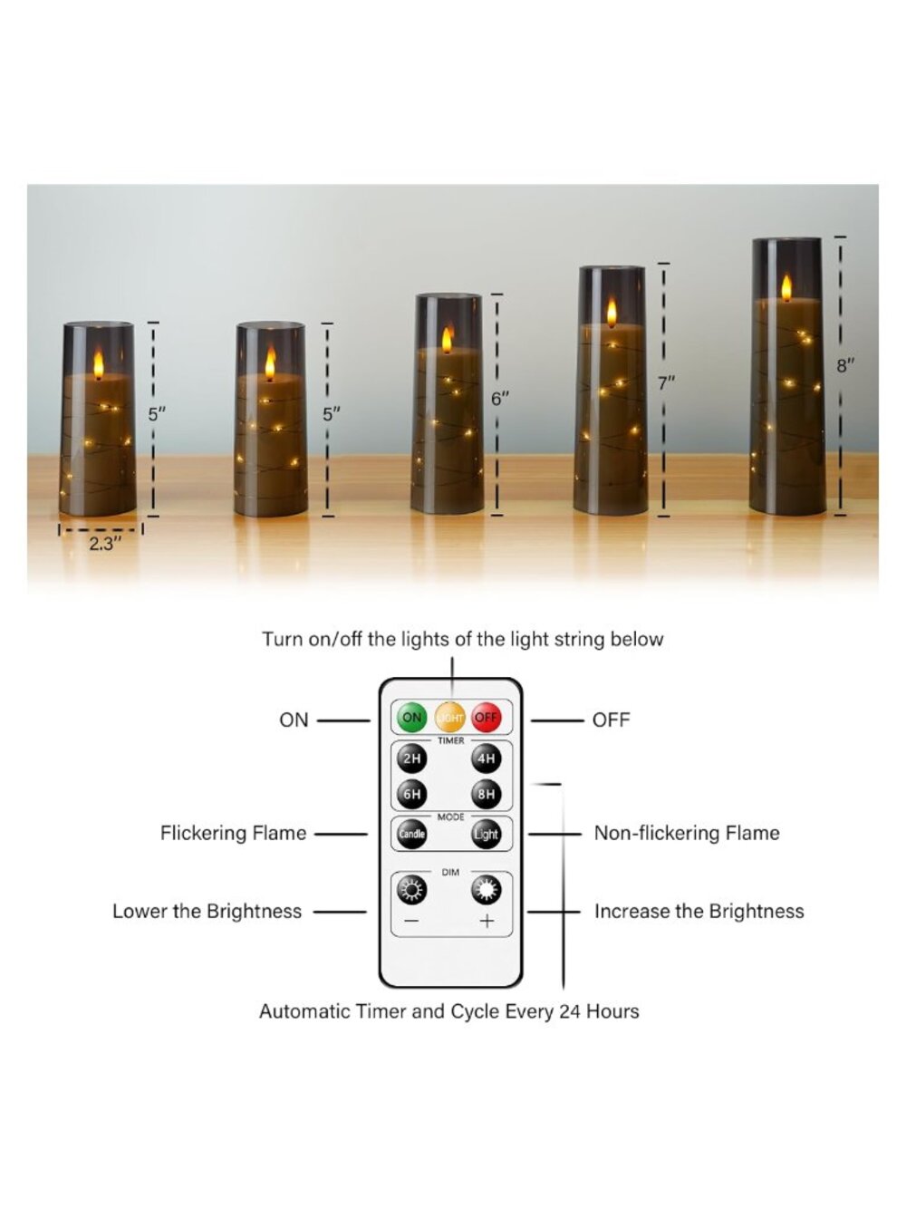Flameless LED Candles Set 5 Flickering Timer Acrylic Shell Embedded String - Picture 3 of 5